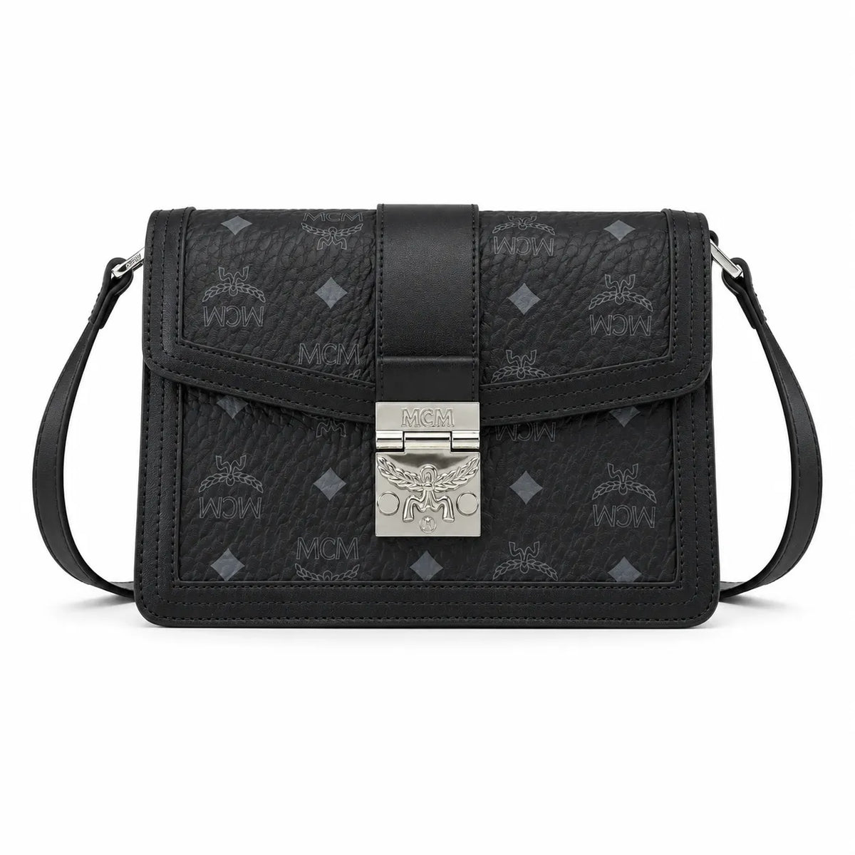 MCM Black Monogram Flap Crossbody Bag – Structured Shoulder Purse with Silver-Tone Buckle