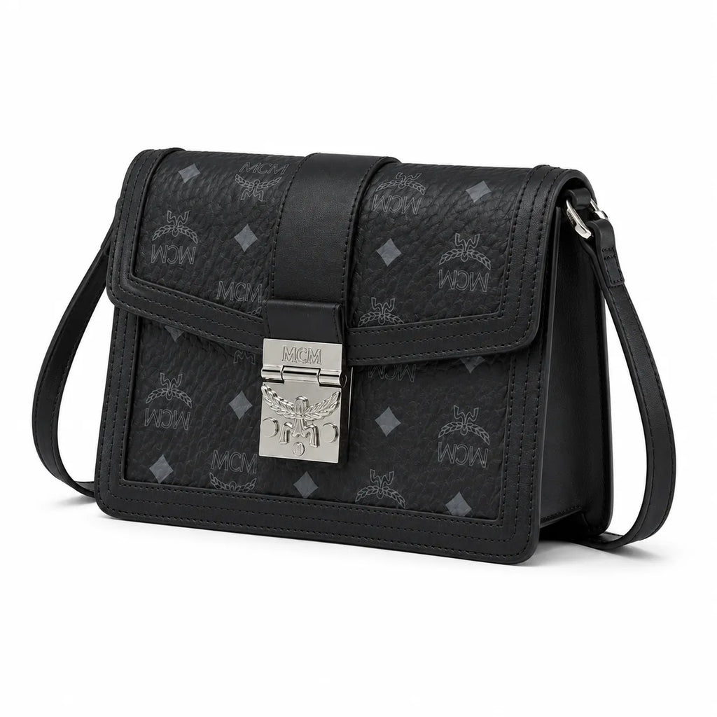 MCM Black Monogram Flap Crossbody Bag – Structured Shoulder Purse with Silver-Tone Buckle