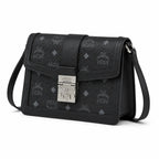 MCM Black Monogram Flap Crossbody Bag – Structured Shoulder Purse with Silver-Tone Buckle