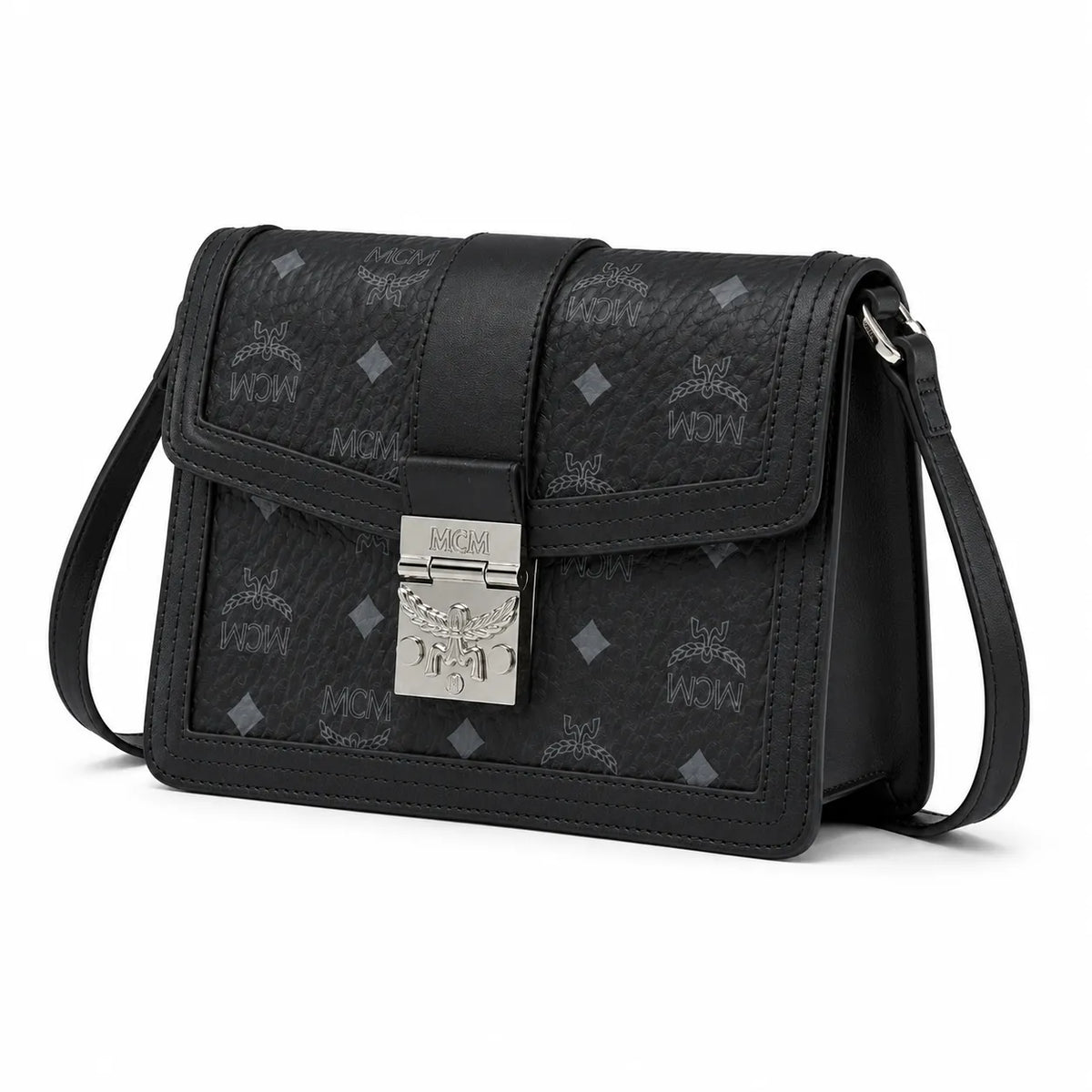 MCM Black Monogram Flap Crossbody Bag – Structured Shoulder Purse with Silver-Tone Buckle