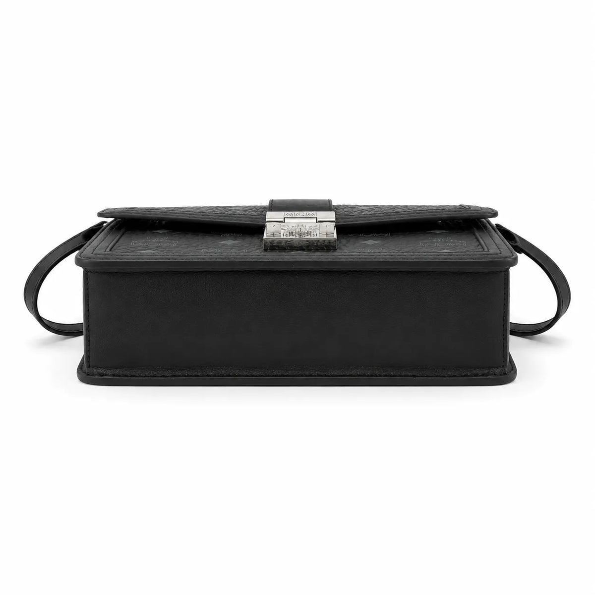 MCM Black Monogram Flap Crossbody Bag – Structured Shoulder Purse with Silver-Tone Buckle