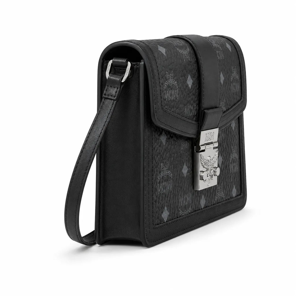 MCM Black Monogram Flap Crossbody Bag – Structured Shoulder Purse with Silver-Tone Buckle