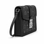 MCM Black Monogram Flap Crossbody Bag – Structured Shoulder Purse with Silver-Tone Buckle