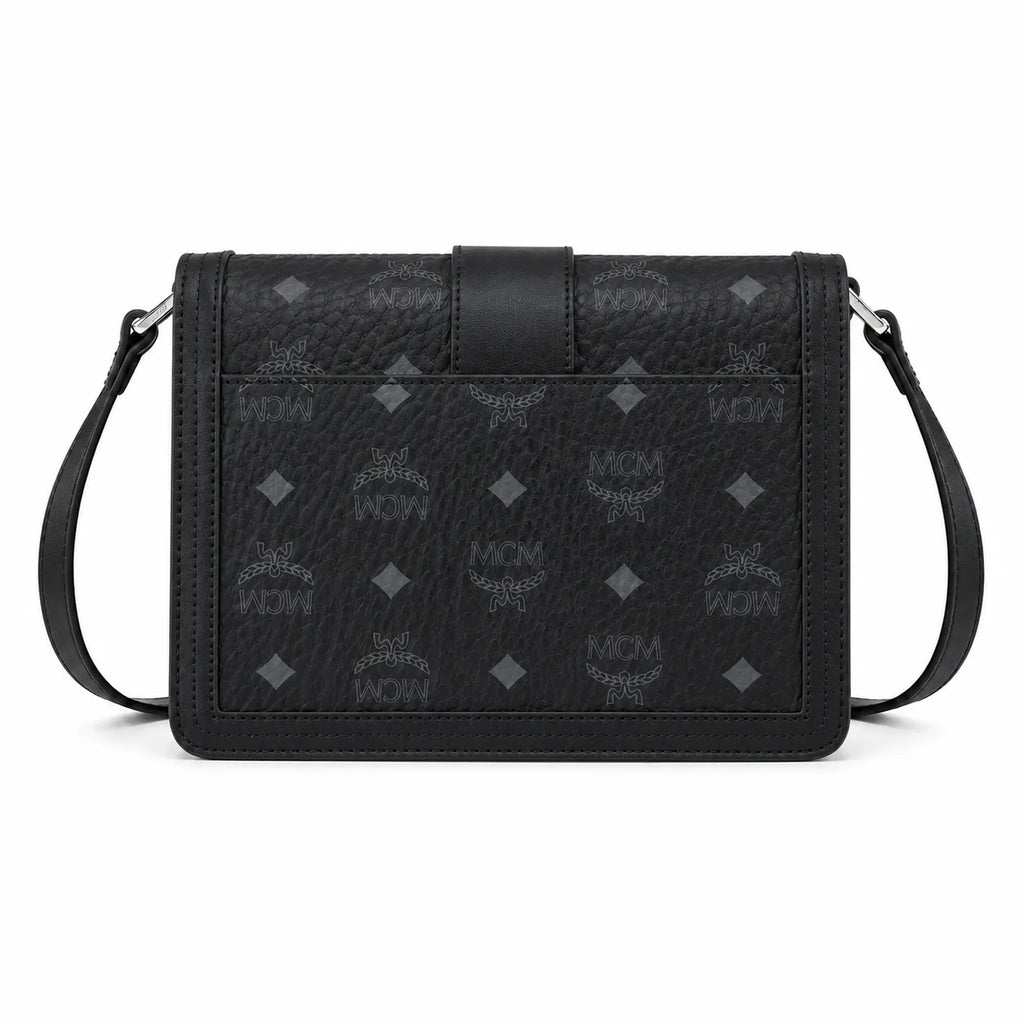 MCM Black Monogram Flap Crossbody Bag – Structured Shoulder Purse with Silver-Tone Buckle