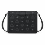 MCM Black Monogram Flap Crossbody Bag – Structured Shoulder Purse with Silver-Tone Buckle