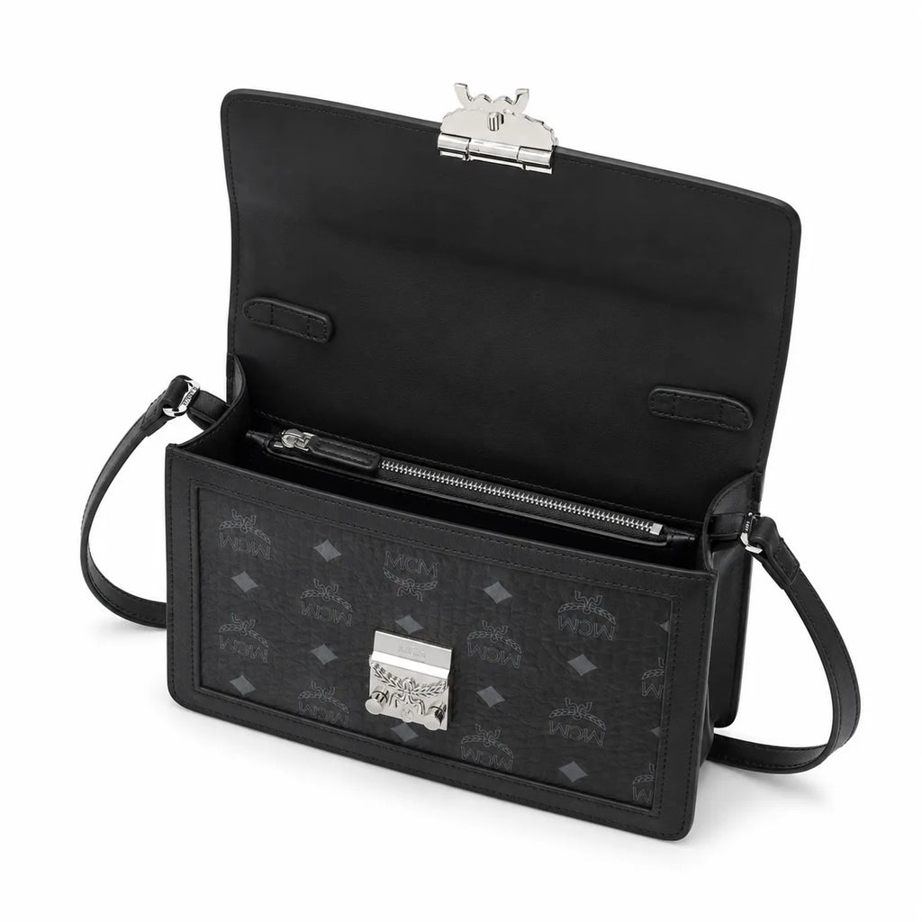 MCM Black Monogram Flap Crossbody Bag – Structured Shoulder Purse with Silver-Tone Buckle