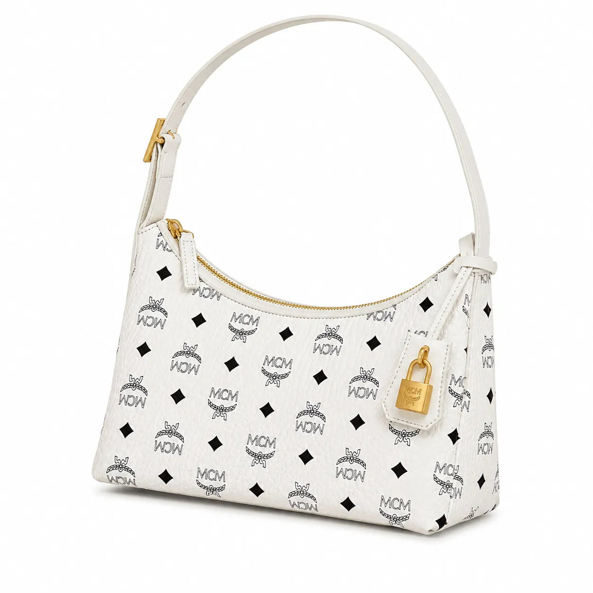 MCM White Visetos Monogram Hobo Bag – White Shoulder Purse with Gold-Tone Hardware
