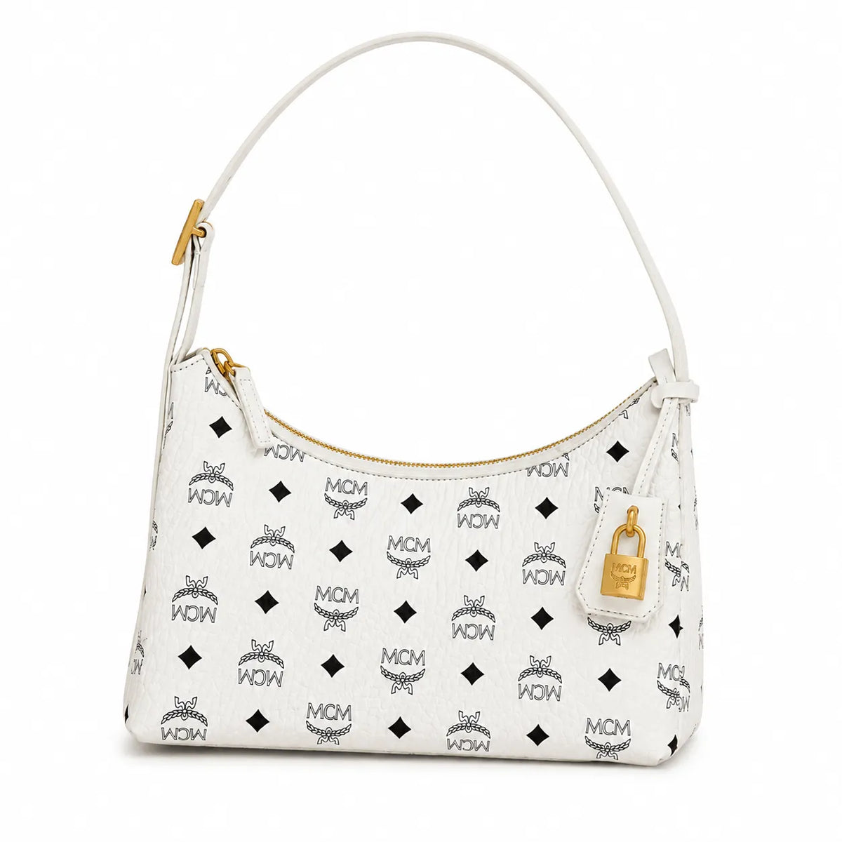 MCM White Visetos Monogram Hobo Bag – White Shoulder Purse with Gold-Tone Hardware