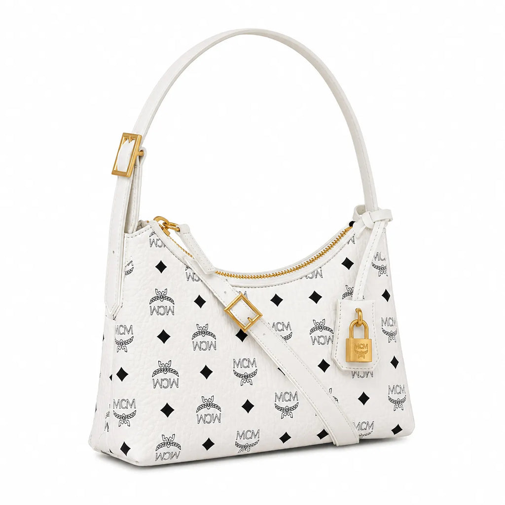 MCM White Visetos Monogram Hobo Bag – White Shoulder Purse with Gold-Tone Hardware