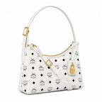 MCM White Visetos Monogram Hobo Bag – White Shoulder Purse with Gold-Tone Hardware