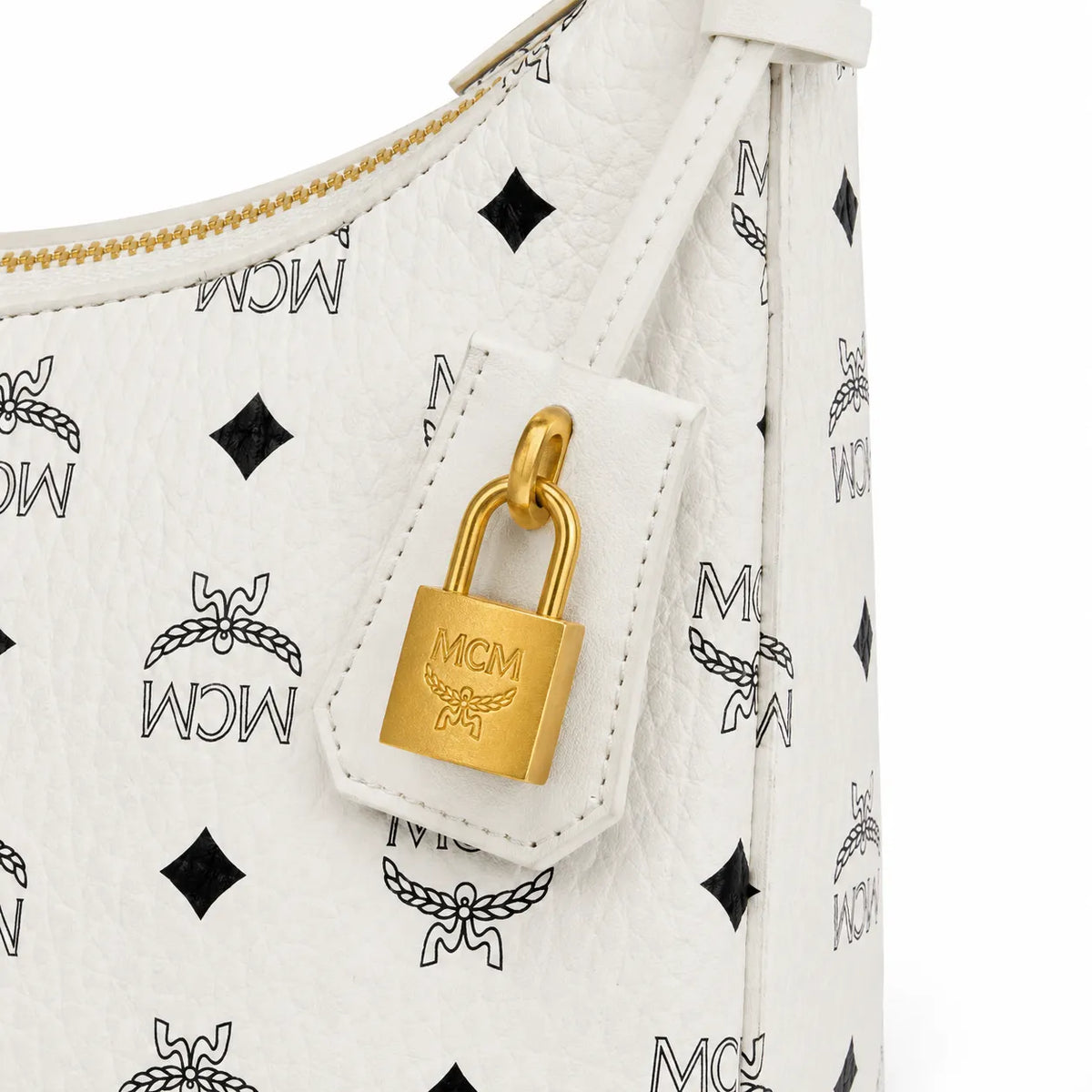 MCM White Visetos Monogram Hobo Bag – White Shoulder Purse with Gold-Tone Hardware