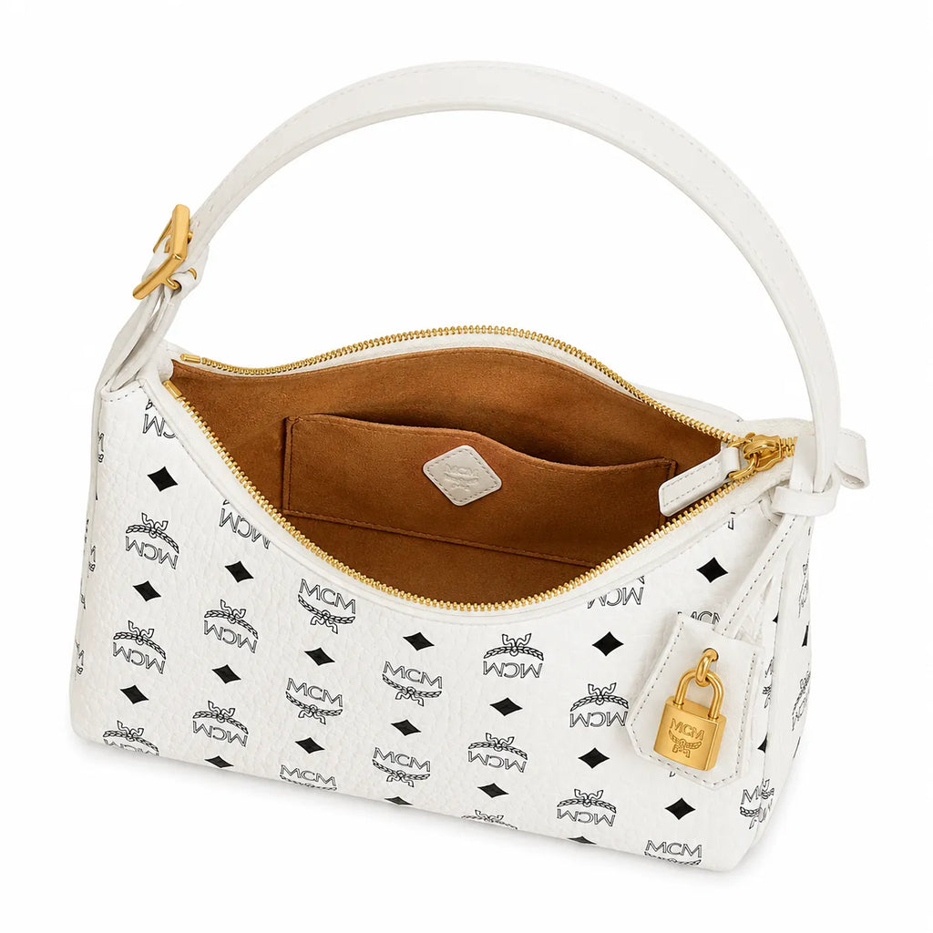 MCM White Visetos Monogram Hobo Bag – White Shoulder Purse with Gold-Tone Hardware