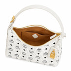 MCM White Visetos Monogram Hobo Bag – White Shoulder Purse with Gold-Tone Hardware