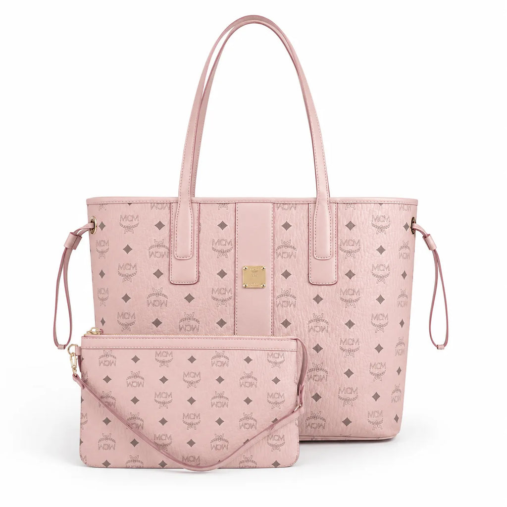 MCM Pink Monogram Tote Bag – Women's Pink Shopper Handbag with Matching Detachable Pouch