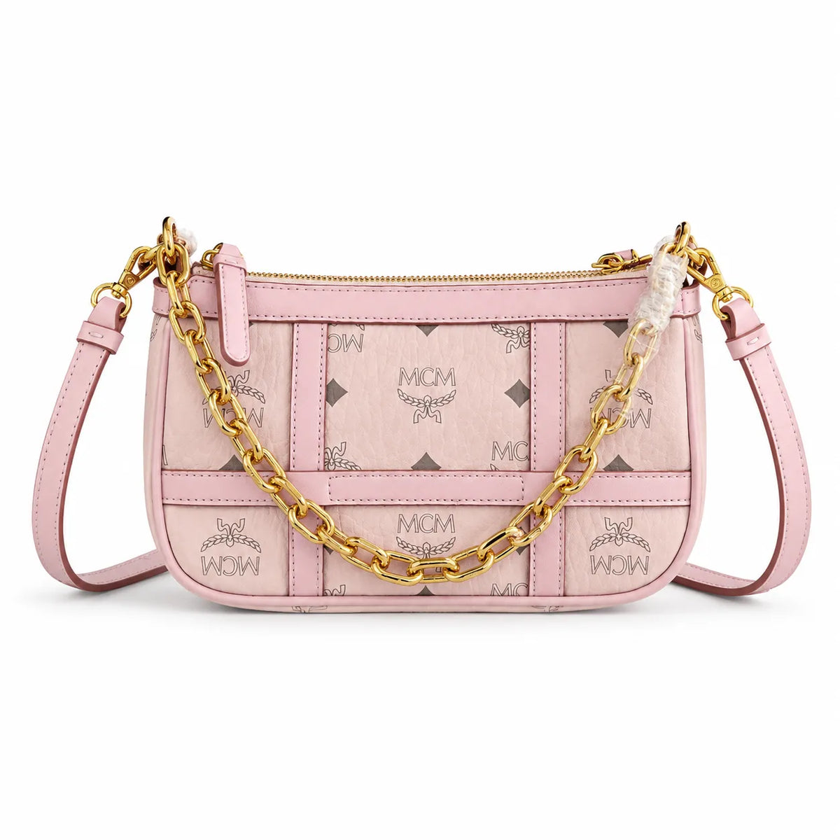 MCM Travia Visetos Shoulder Bag | Pink Monogram Underarm Bag with Gold Chain — Pink Rose