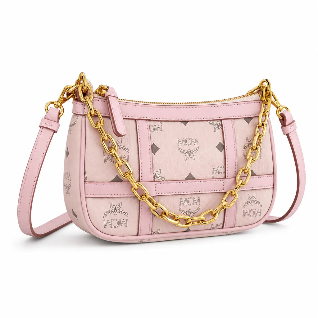 MCM Travia Visetos Shoulder Bag | Pink Monogram Underarm Bag with Gold Chain — Pink Rose