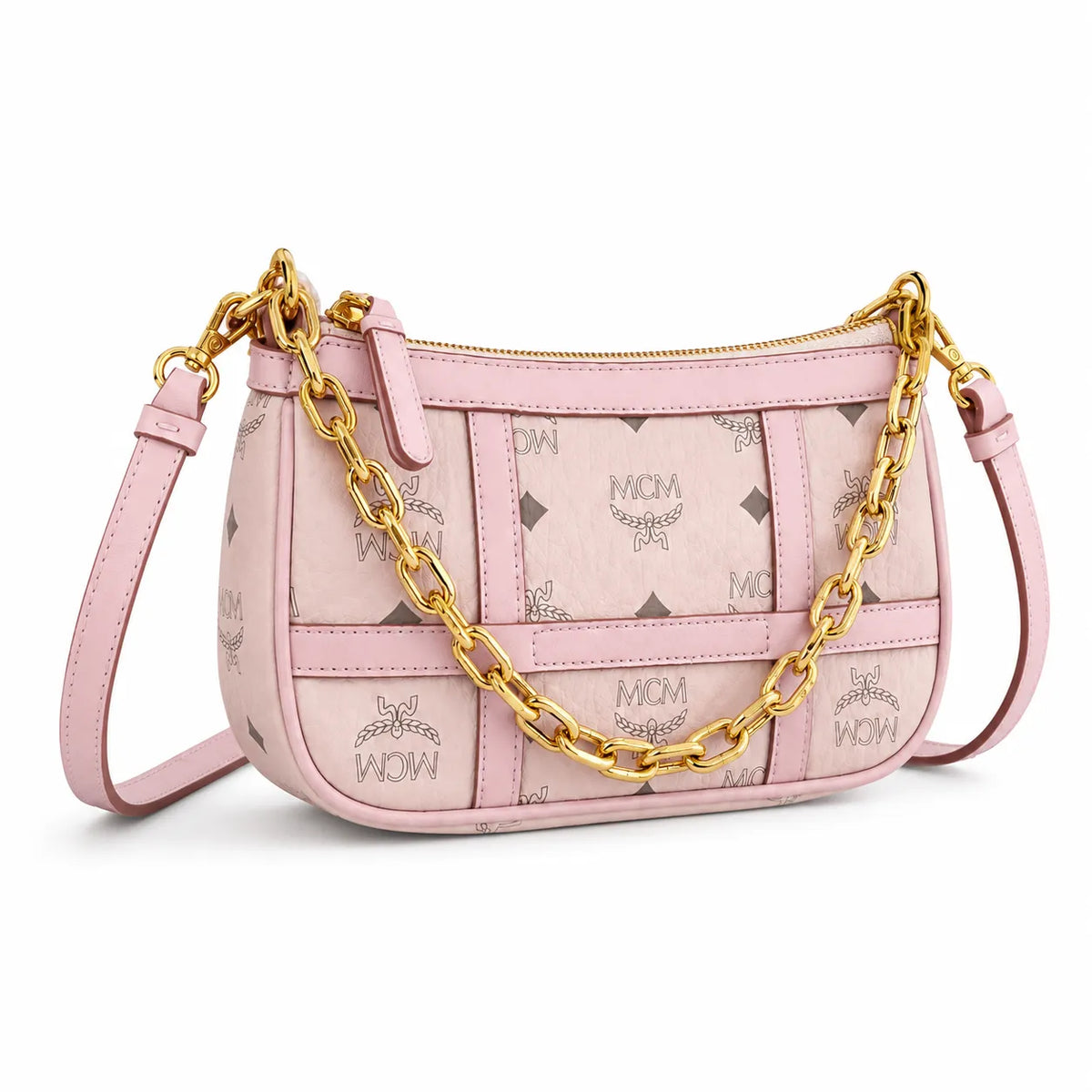 MCM Travia Visetos Shoulder Bag | Pink Monogram Underarm Bag with Gold Chain — Pink Rose