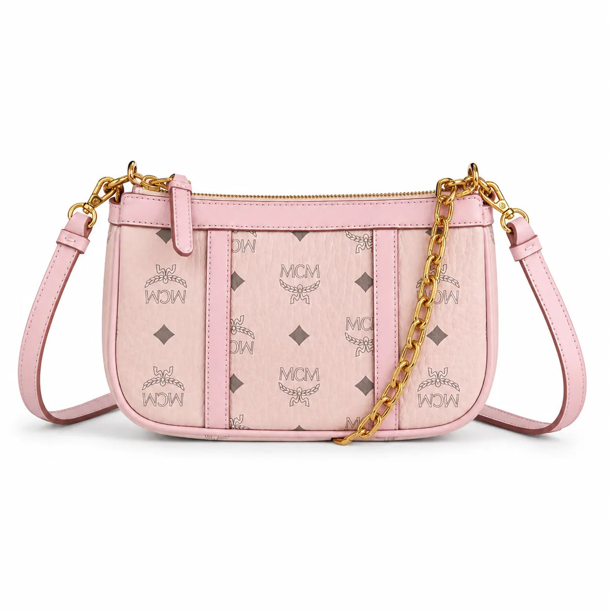 MCM Travia Visetos Shoulder Bag | Pink Monogram Underarm Bag with Gold Chain — Pink Rose