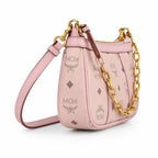 MCM Travia Visetos Shoulder Bag | Pink Monogram Underarm Bag with Gold Chain — Pink Rose