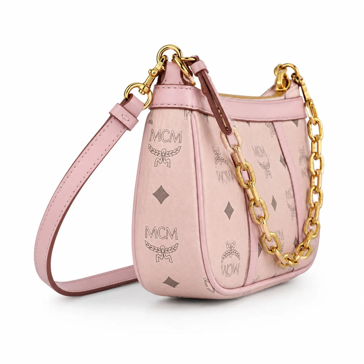 MCM Travia Visetos Shoulder Bag | Pink Monogram Underarm Bag with Gold Chain — Pink Rose