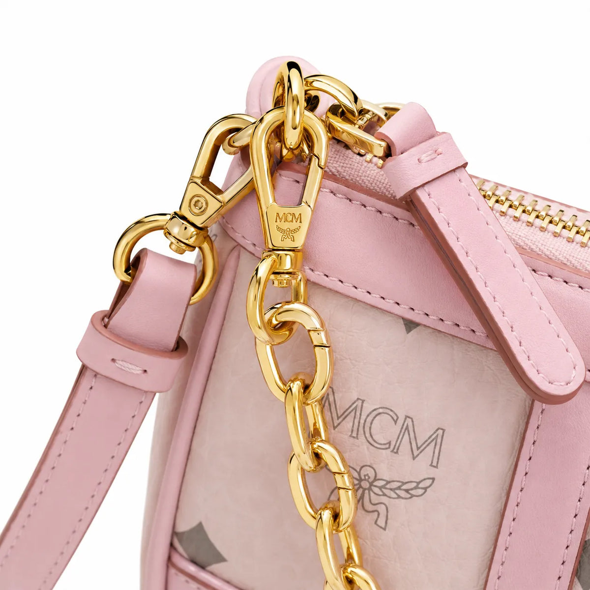 MCM Travia Visetos Shoulder Bag | Pink Monogram Underarm Bag with Gold Chain — Pink Rose