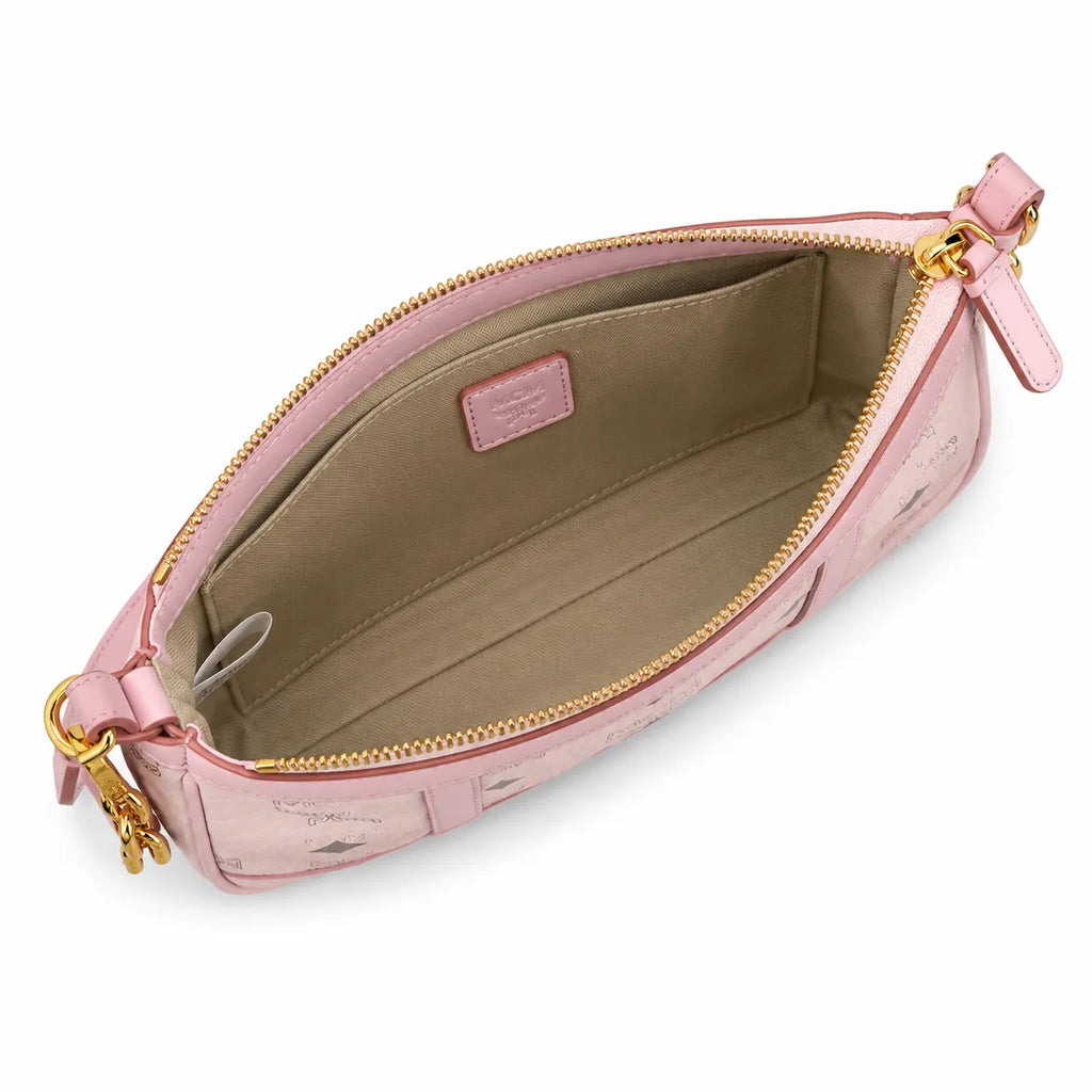 MCM Travia Visetos Shoulder Bag | Pink Monogram Underarm Bag with Gold Chain — Pink Rose