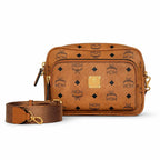 MCM Classic Camera Bag Visetos | Cognac Monogram Crossbody Messenger Bag — Dry Cognac/Gold