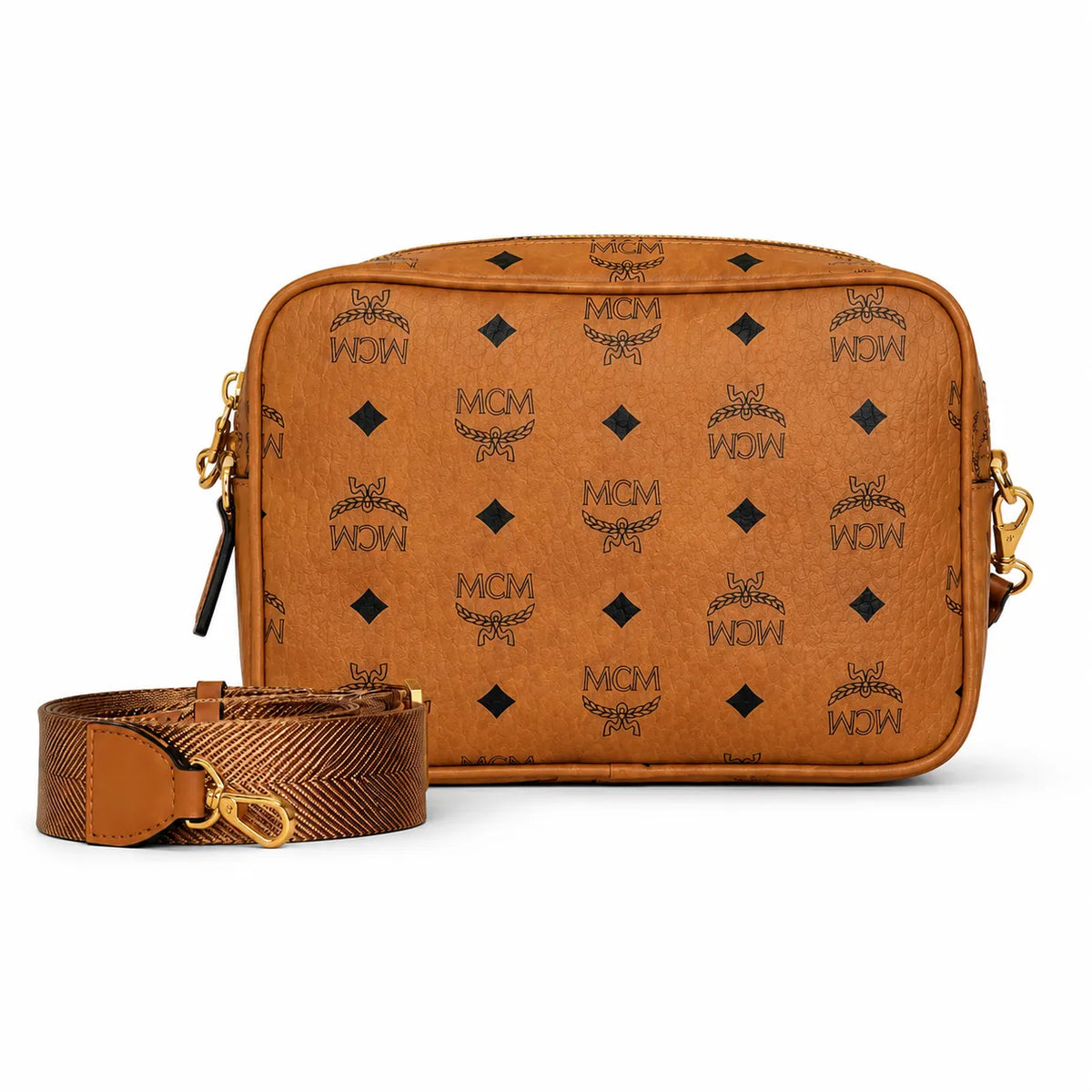 MCM Classic Camera Bag Visetos | Cognac Monogram Crossbody Messenger Bag — Dry Cognac/Gold