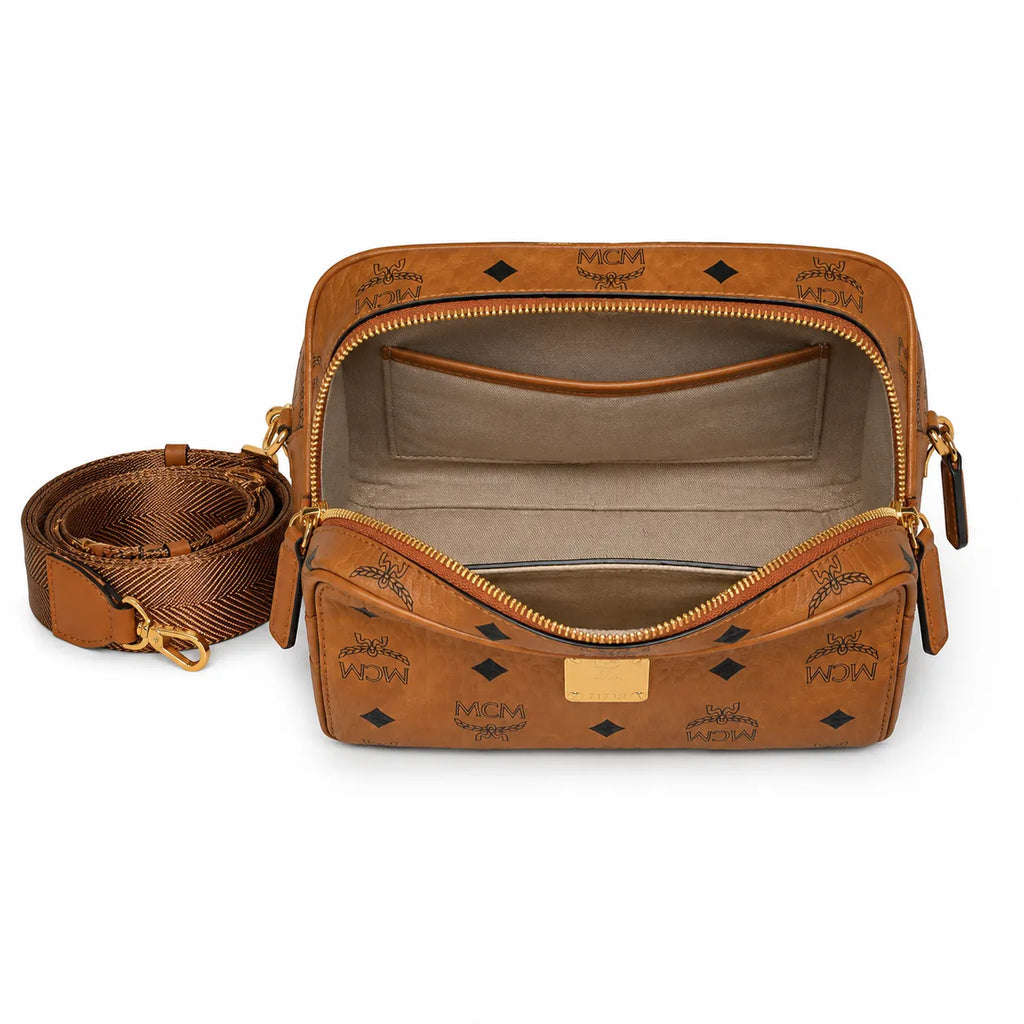 MCM Classic Camera Bag Visetos | Cognac Monogram Crossbody Messenger Bag — Dry Cognac/Gold