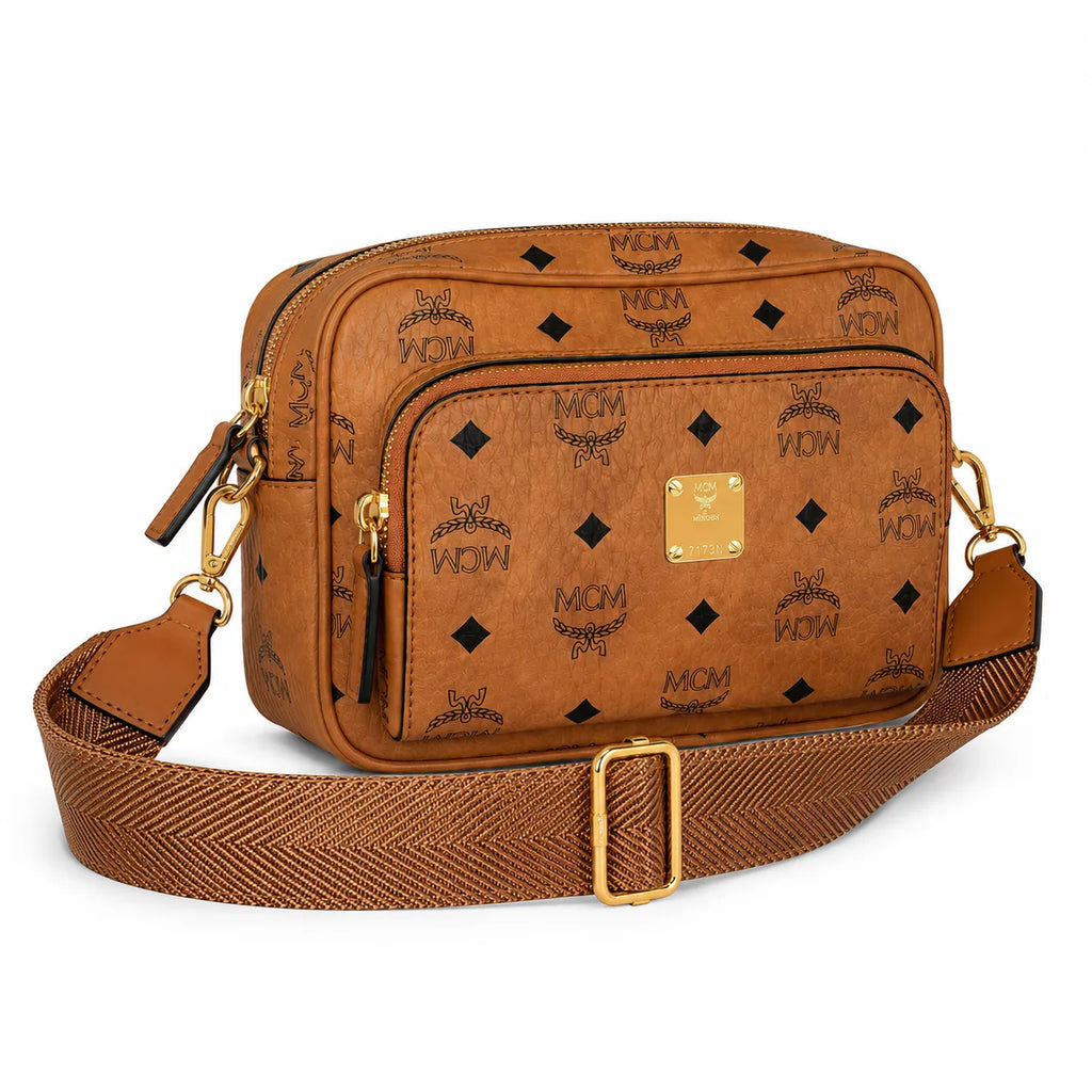 MCM Classic Camera Bag Visetos | Cognac Monogram Crossbody Messenger Bag — Dry Cognac/Gold