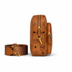 MCM Classic Camera Bag Visetos | Cognac Monogram Crossbody Messenger Bag — Dry Cognac/Gold