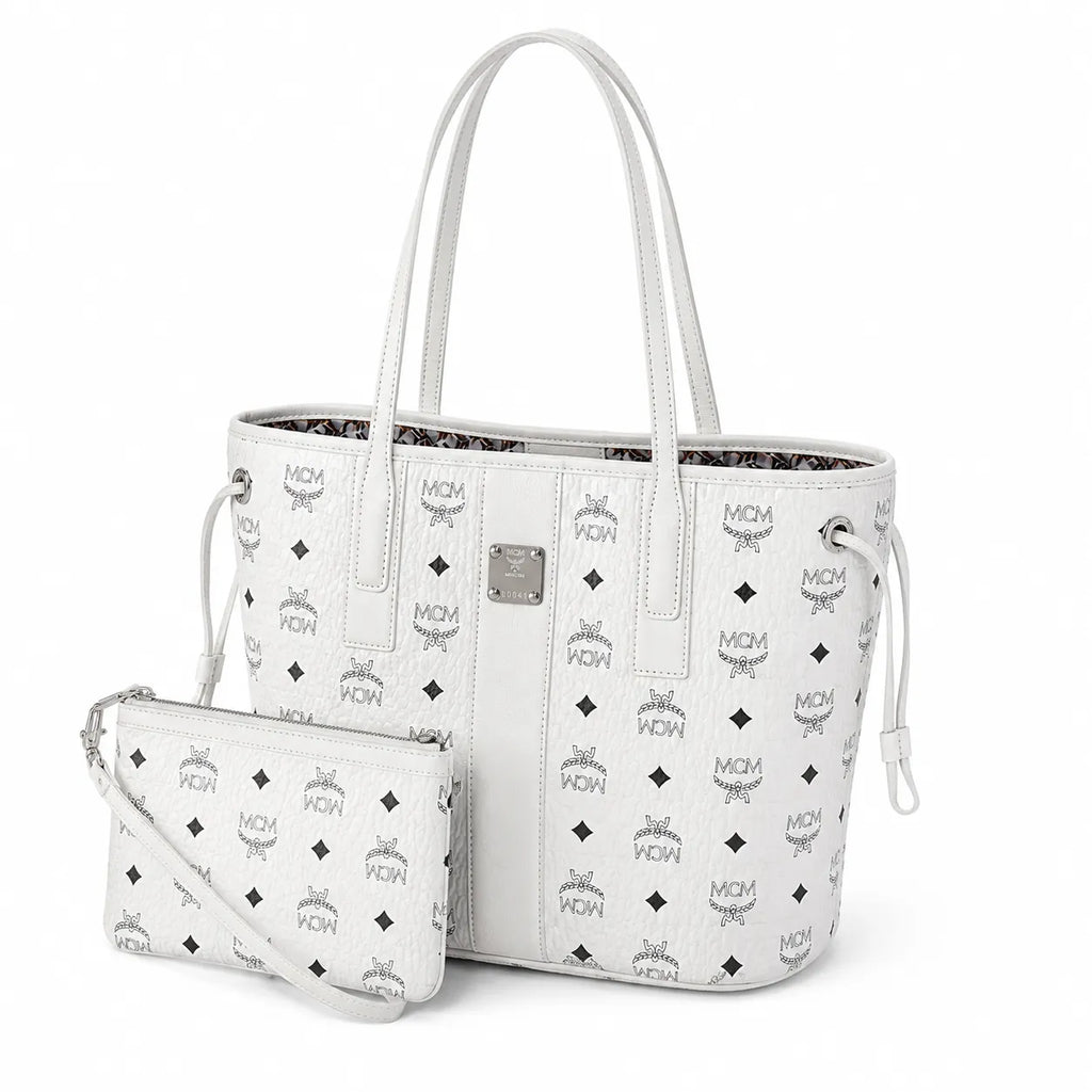 MCM Liz Reversible Visetos Tote Bag | White Monogram Shopper with Removable Pouch — Stark White/Silver