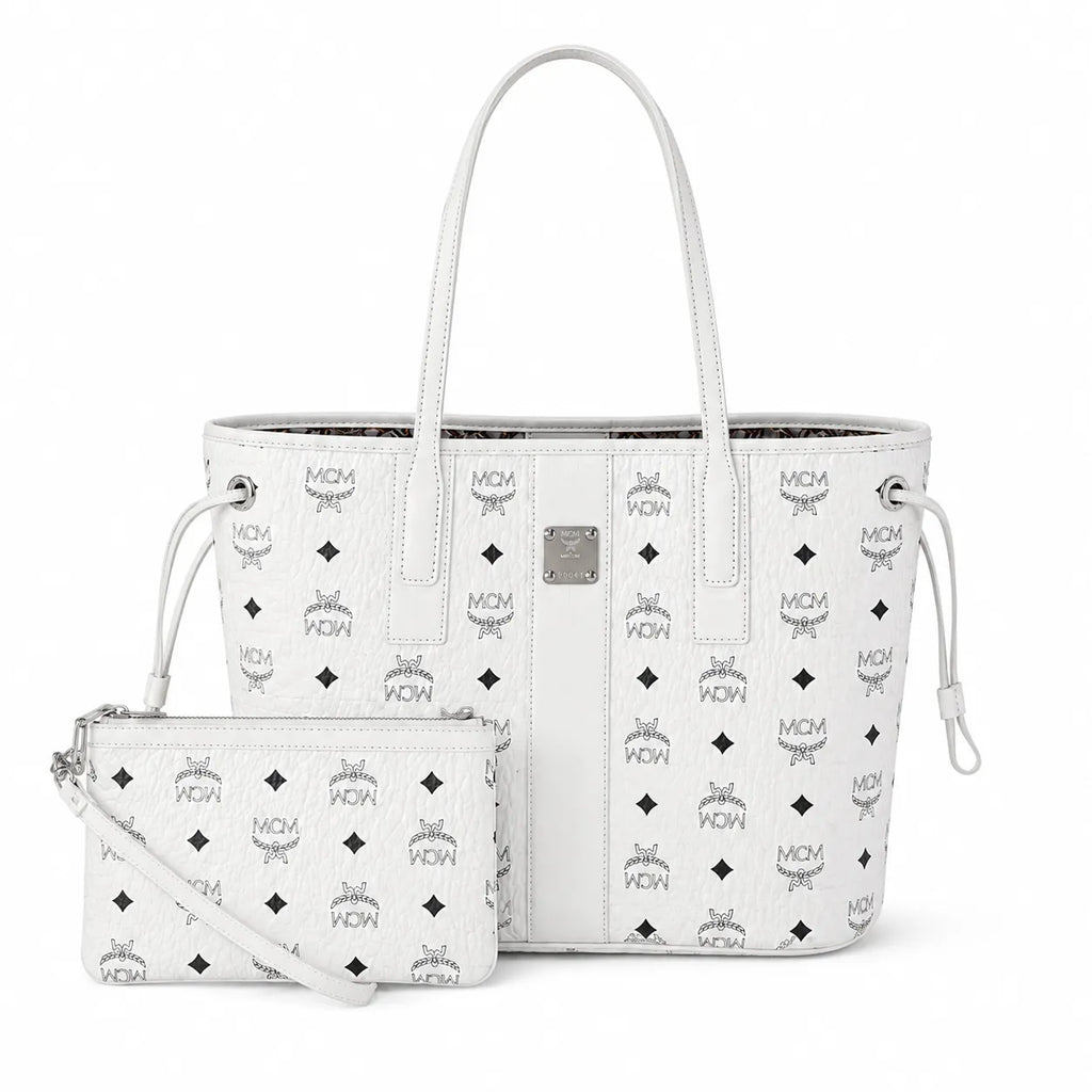 MCM Liz Reversible Visetos Tote Bag | White Monogram Shopper with Removable Pouch — Stark White/Silver
