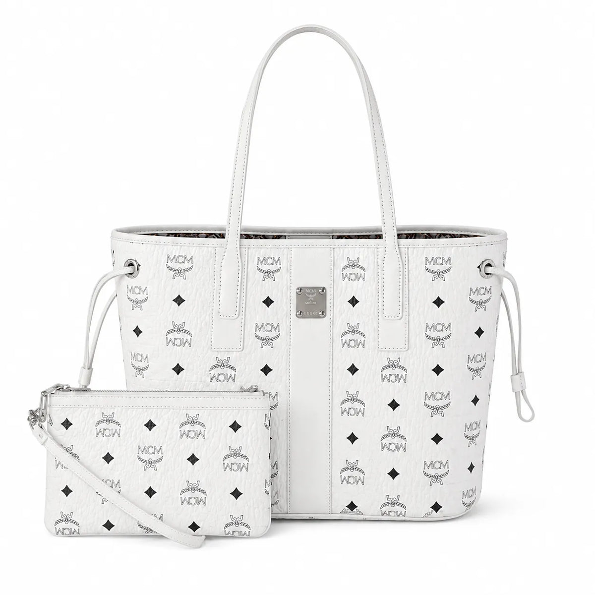 MCM Liz Reversible Visetos Tote Bag | White Monogram Shopper with Removable Pouch — Stark White/Silver