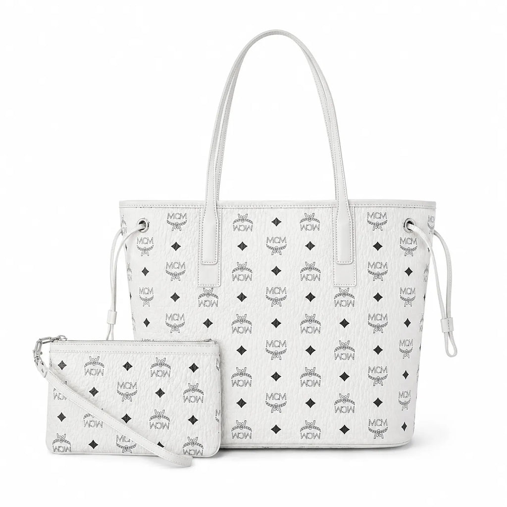 MCM Liz Reversible Visetos Tote Bag | White Monogram Shopper with Removable Pouch — Stark White/Silver