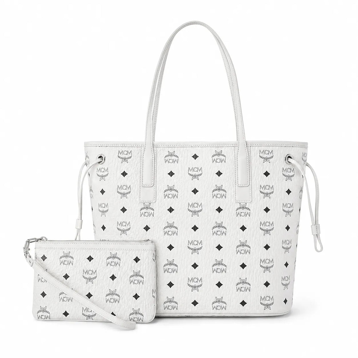 MCM Liz Reversible Visetos Tote Bag | White Monogram Shopper with Removable Pouch — Stark White/Silver