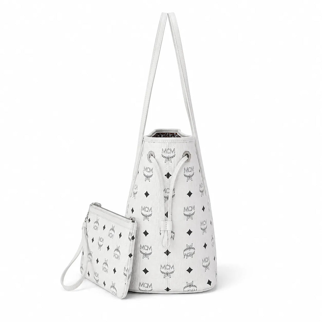 MCM Liz Reversible Visetos Tote Bag | White Monogram Shopper with Removable Pouch — Stark White/Silver