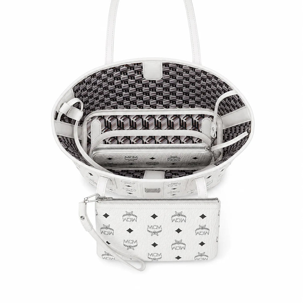 MCM Liz Reversible Visetos Tote Bag | White Monogram Shopper with Removable Pouch — Stark White/Silver