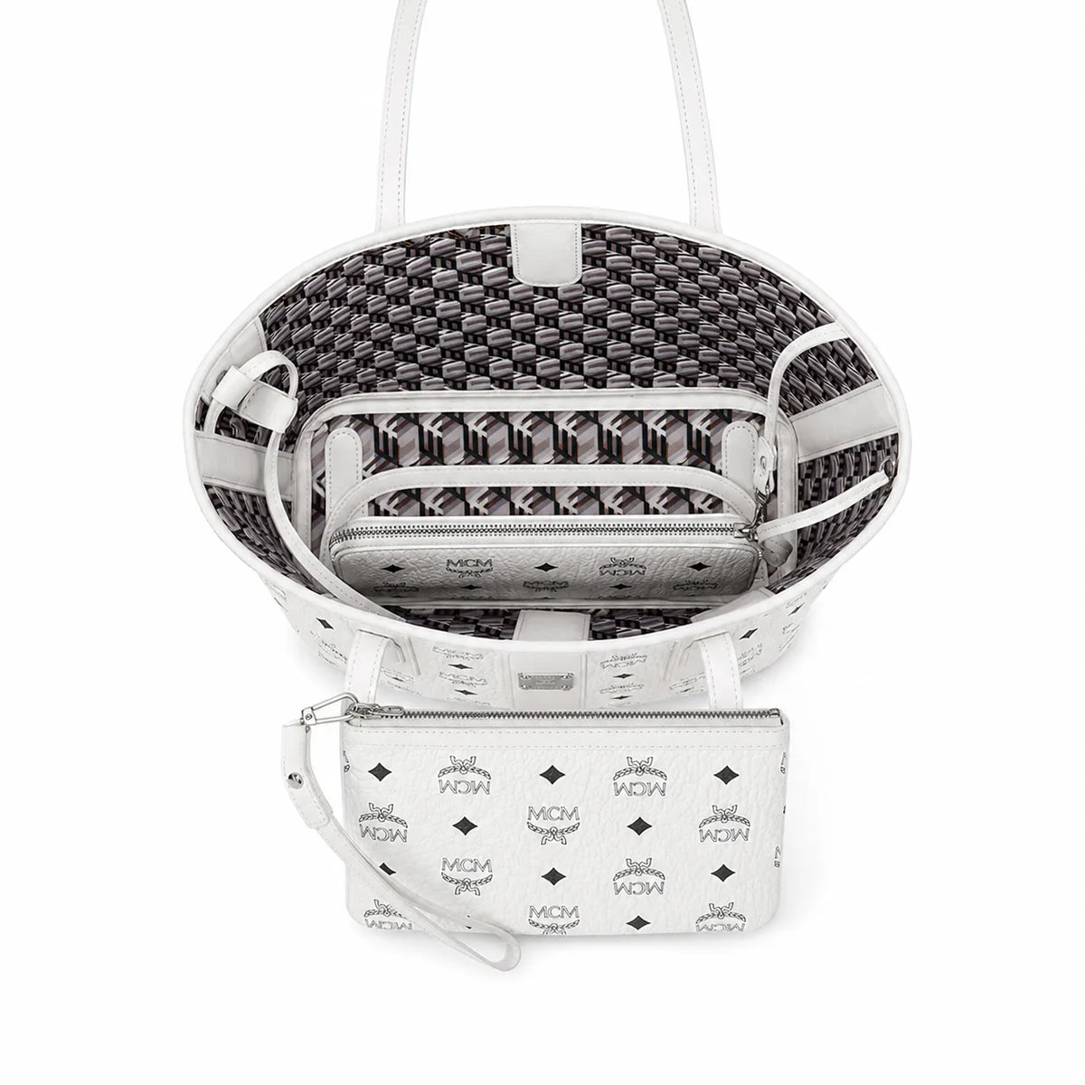 MCM Liz Reversible Visetos Tote Bag | White Monogram Shopper with Removable Pouch — Stark White/Silver