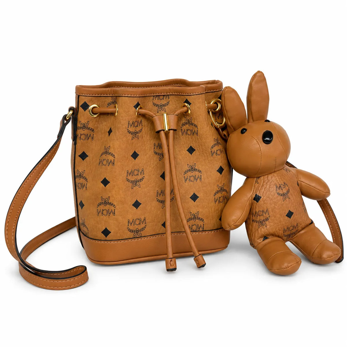MCM Dessau Bucket Bag Visetos | Cognac Monogram Drawstring Crossbody Leather — Dry Cognac