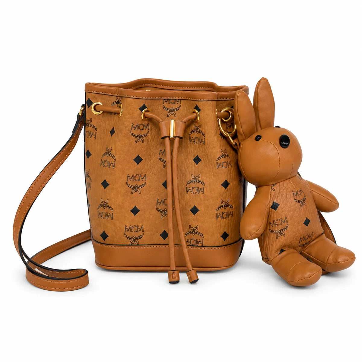 MCM Dessau Bucket Bag Visetos | Cognac Monogram Drawstring Crossbody Leather — Dry Cognac