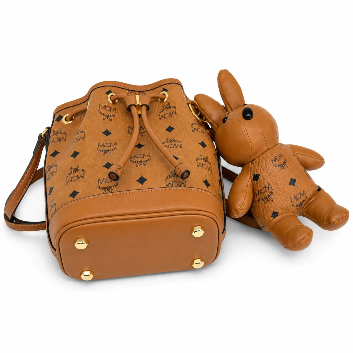 MCM Dessau Bucket Bag Visetos | Cognac Monogram Drawstring Crossbody Leather — Dry Cognac