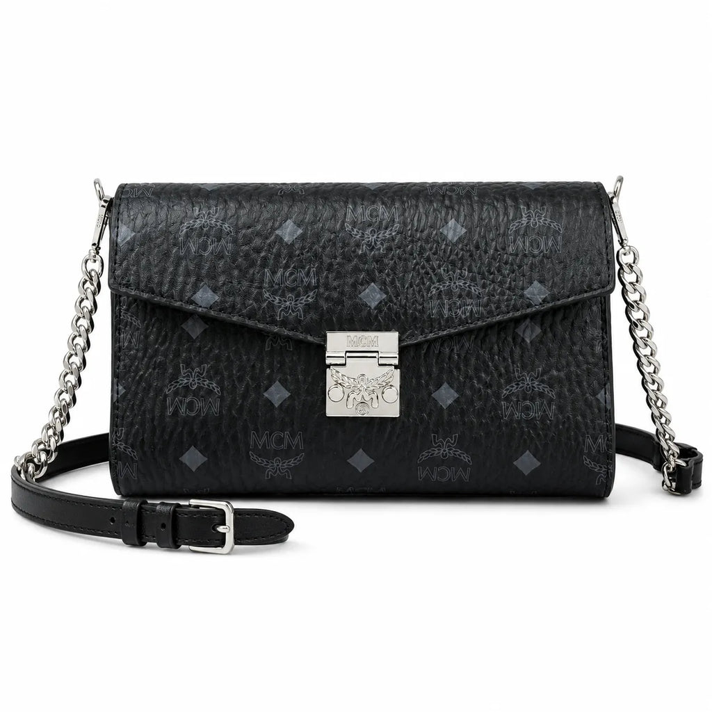 MCM Visetos Leather Envelope Bag | Matte Black Monogram Chain Shoulder Bag — Black/Silver