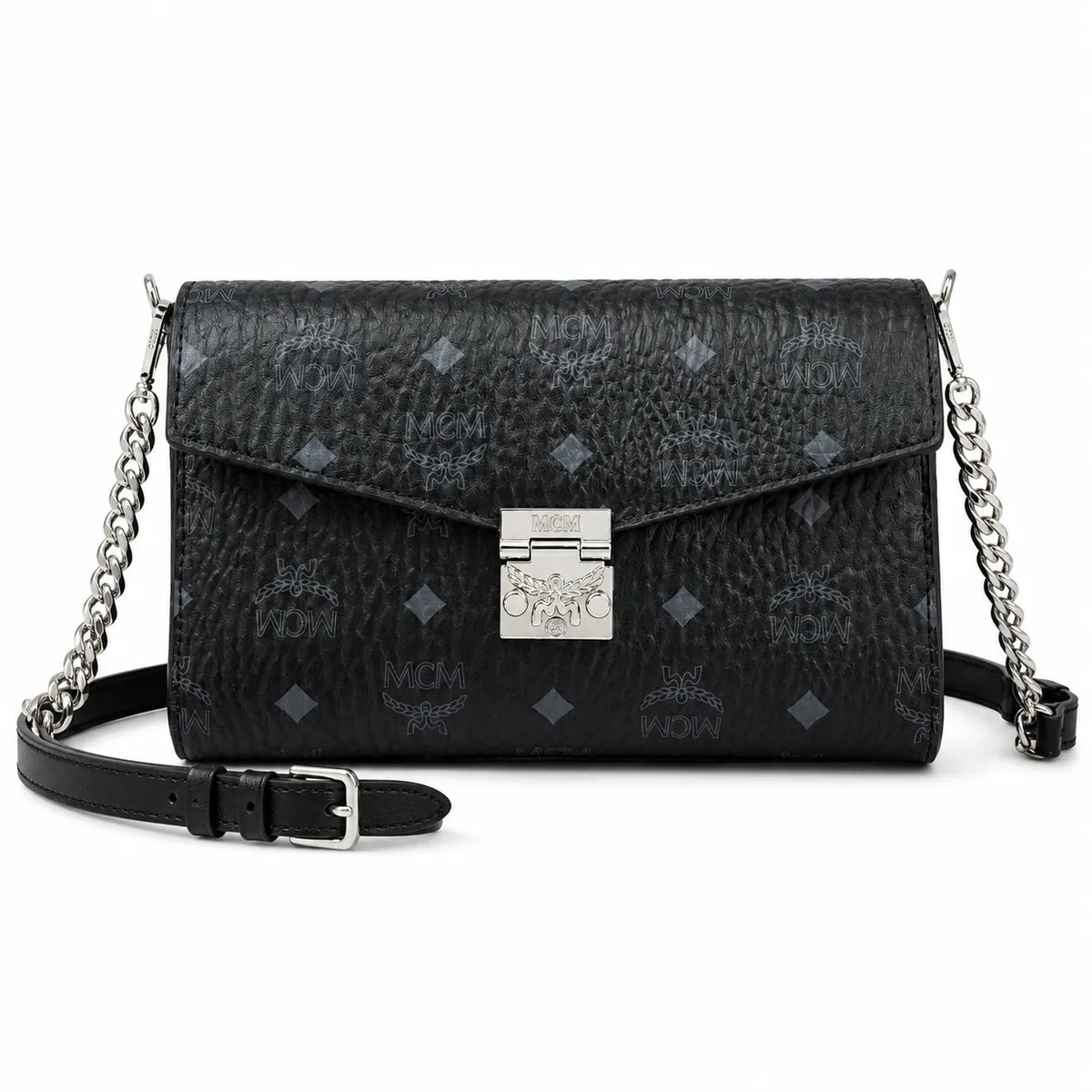MCM Visetos Leather Envelope Bag | Matte Black Monogram Chain Shoulder Bag — Black/Silver