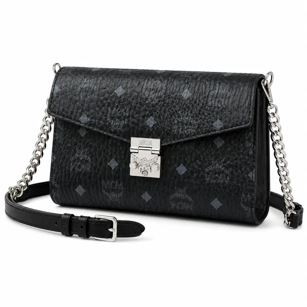 MCM Visetos Leather Envelope Bag | Matte Black Monogram Chain Shoulder Bag — Black/Silver