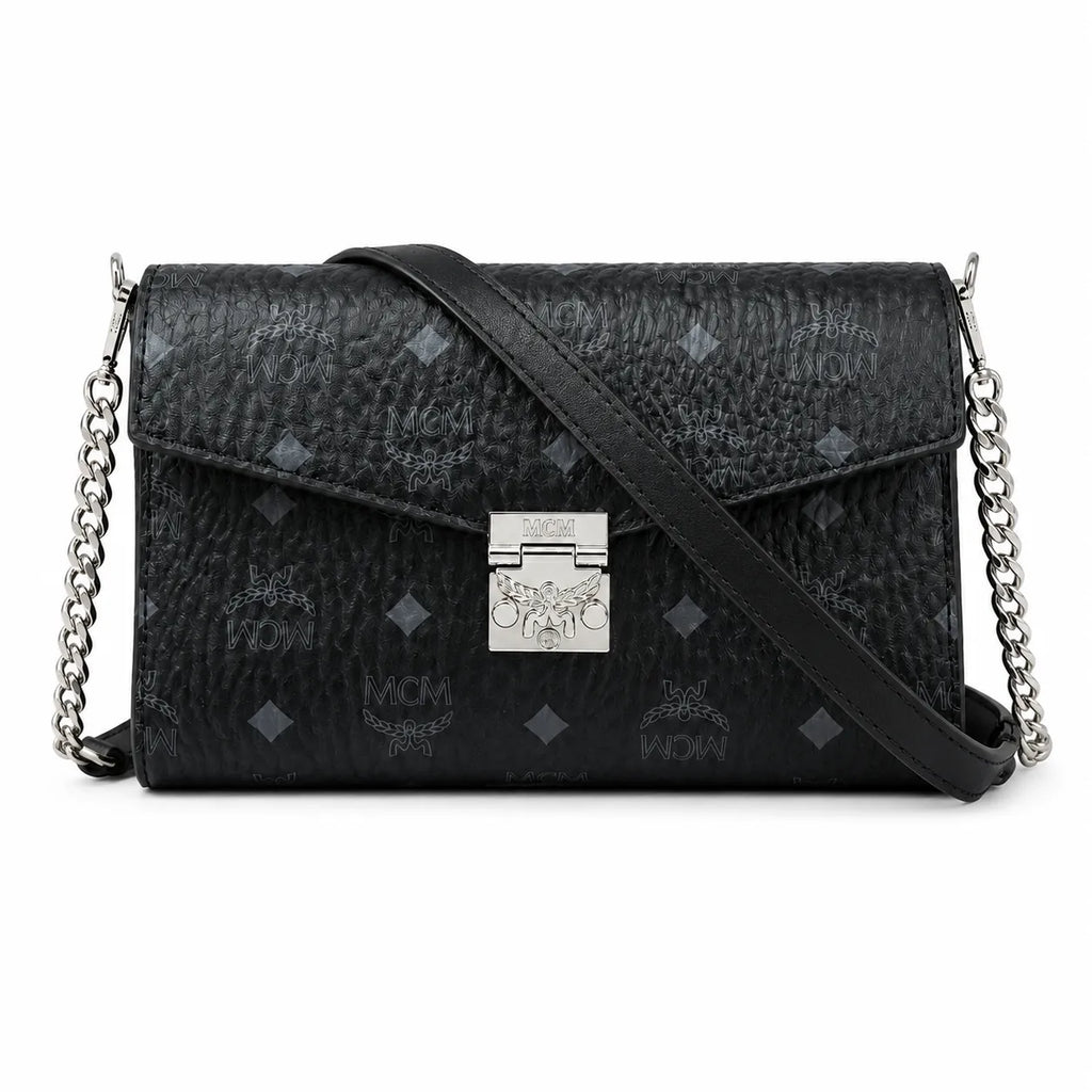 MCM Visetos Leather Envelope Bag | Matte Black Monogram Chain Shoulder Bag — Black/Silver
