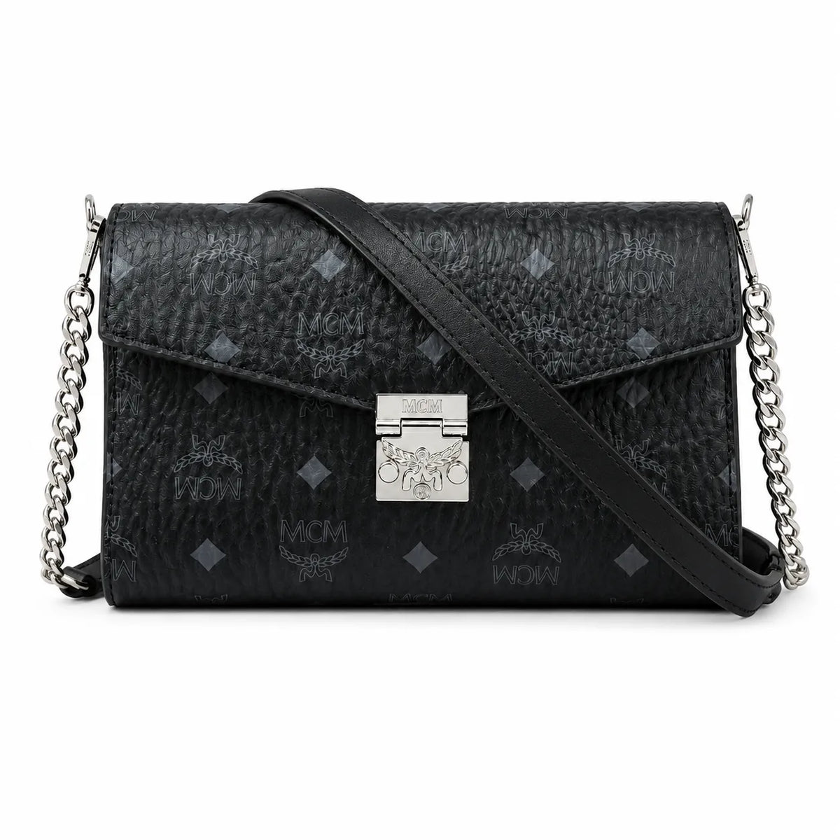MCM Visetos Leather Envelope Bag | Matte Black Monogram Chain Shoulder Bag — Black/Silver