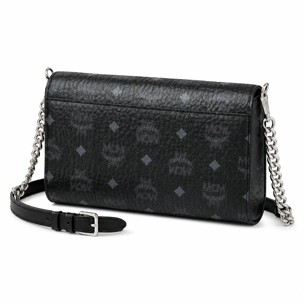 MCM Visetos Leather Envelope Bag | Matte Black Monogram Chain Shoulder Bag — Black/Silver
