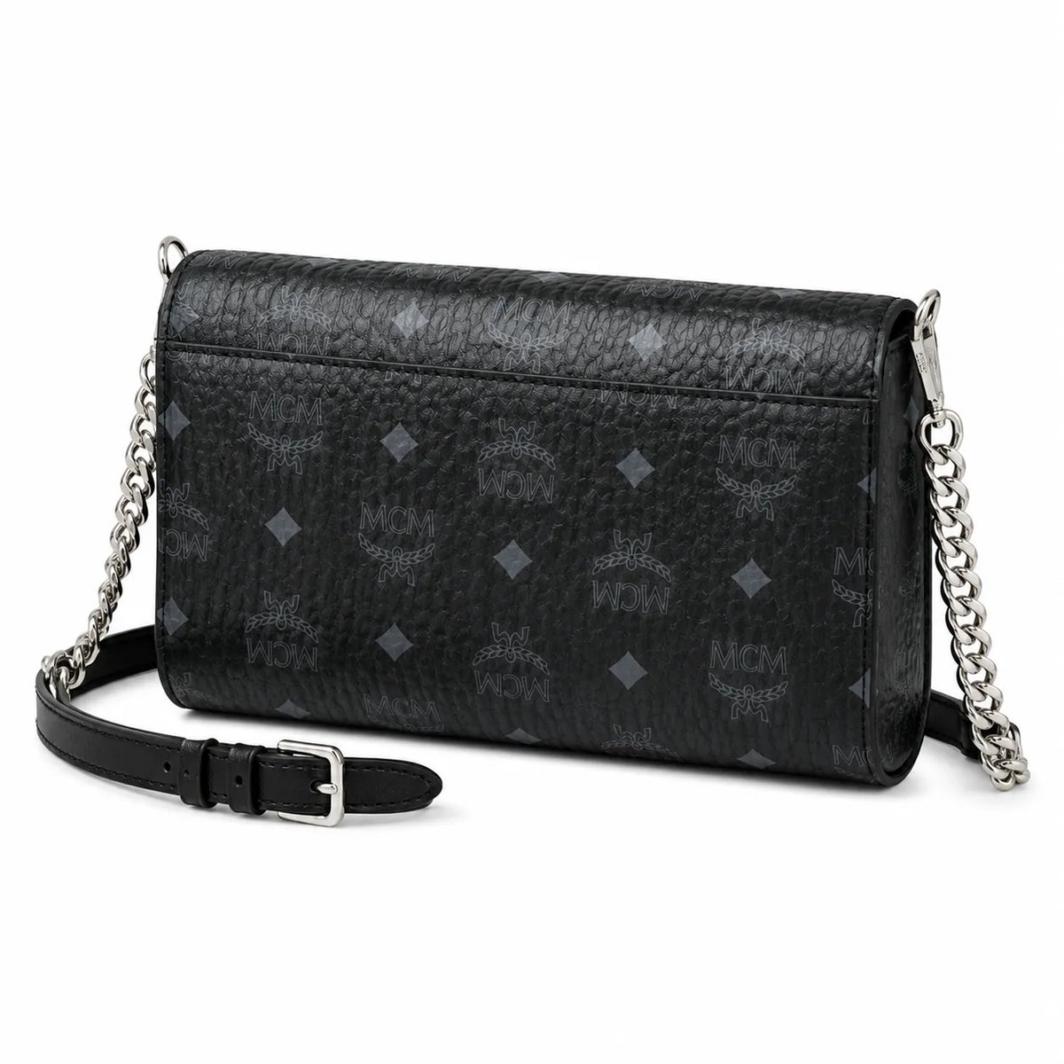 MCM Visetos Leather Envelope Bag | Matte Black Monogram Chain Shoulder Bag — Black/Silver