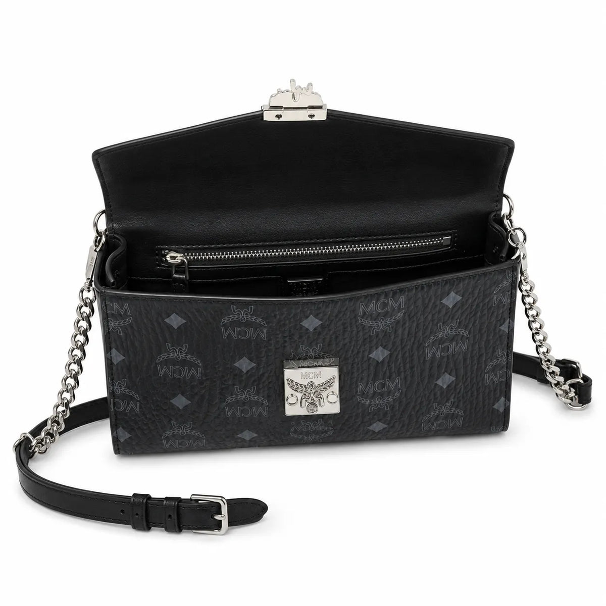 MCM Visetos Leather Envelope Bag | Matte Black Monogram Chain Shoulder Bag — Black/Silver